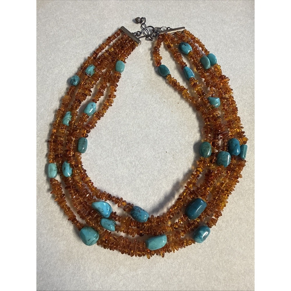 Mine Finds by Jay King‎ Amber Chip Turquoise Nugget Sterling Waterfall Necklace